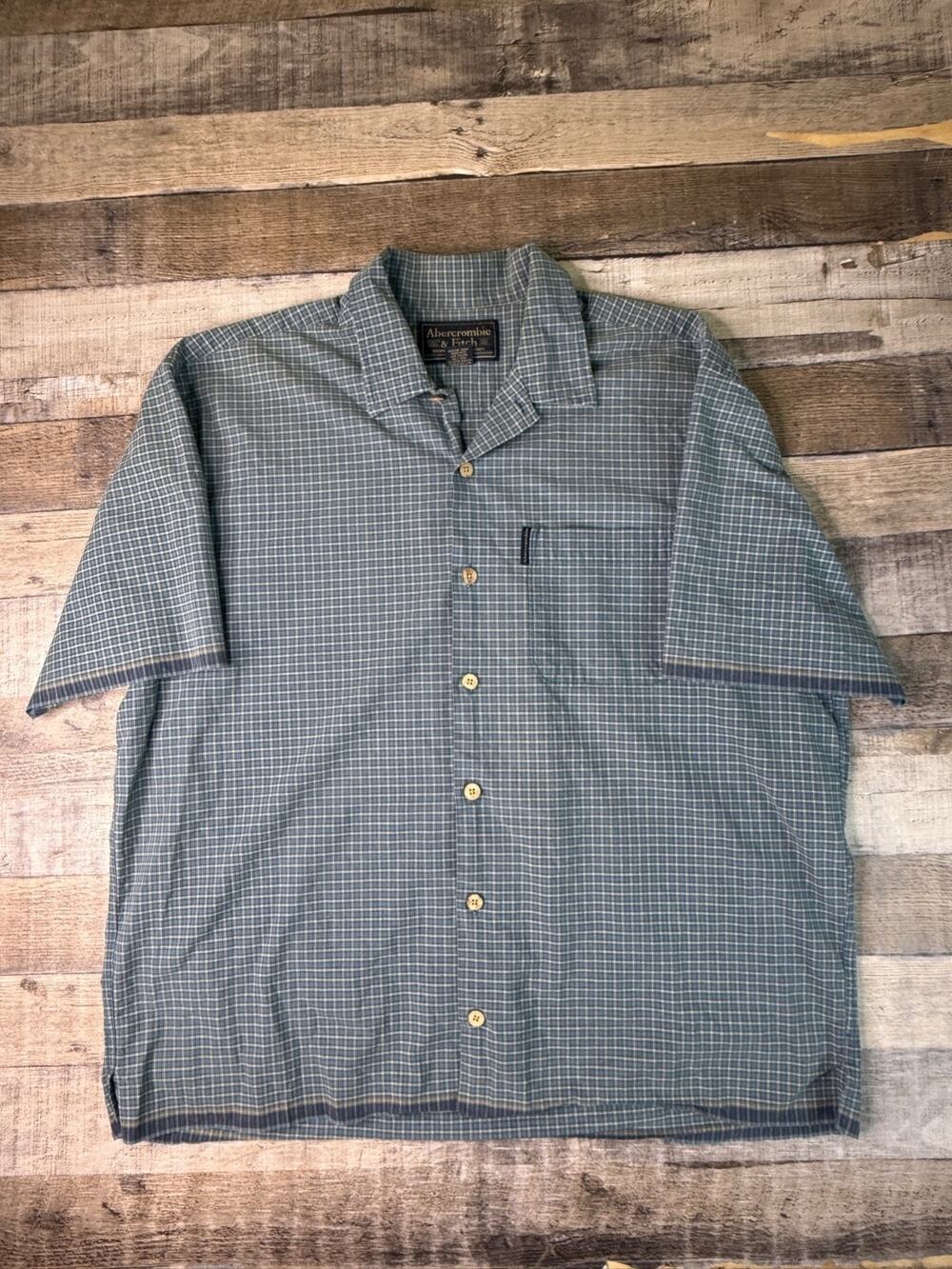 Abercrombie & Fitch Button Up Camp Shirt Mens XL Checkered Blue Y2K Beach Surf